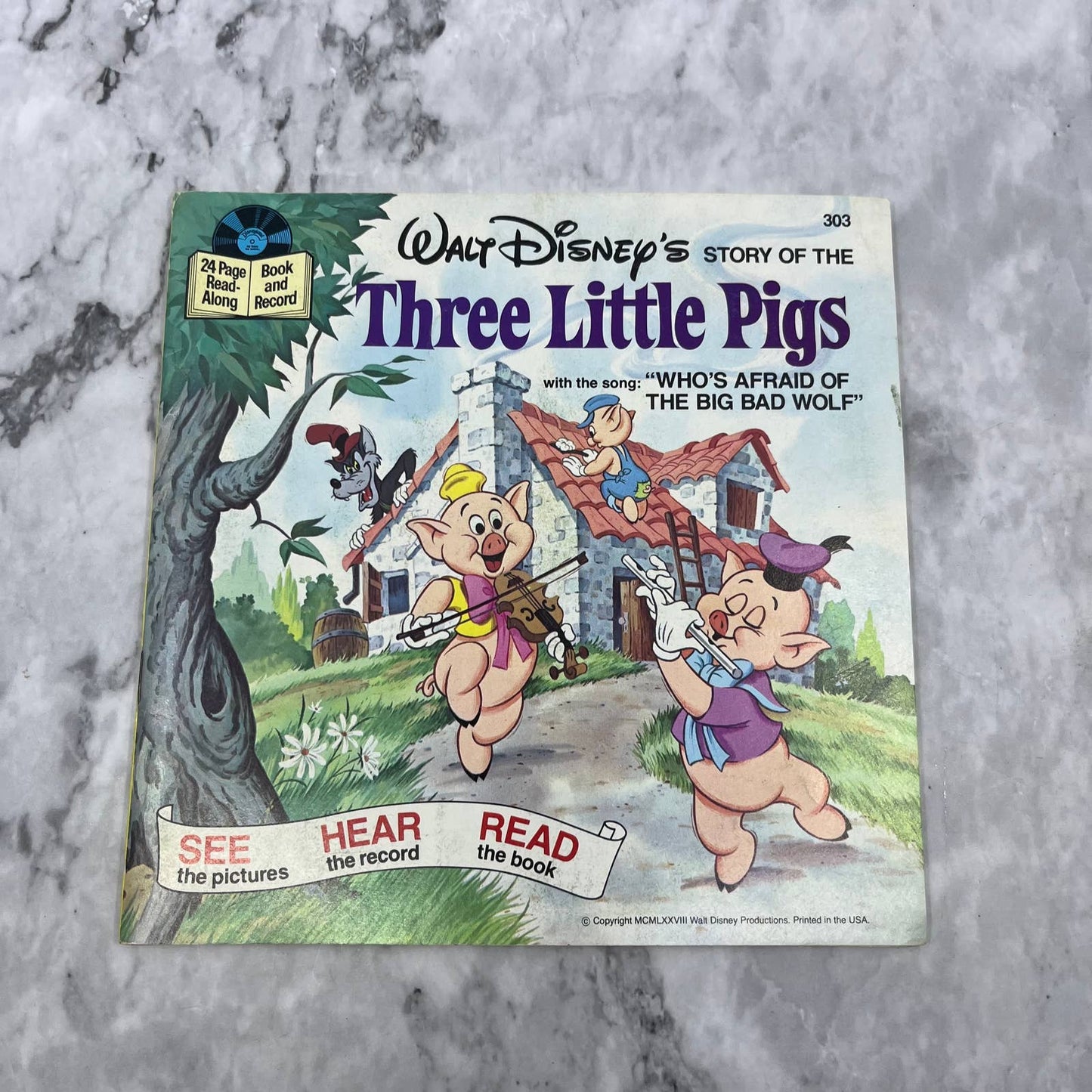Walt Disney's Story of Three Little Pigs Read Along Book & Record '78 #303 TJ7