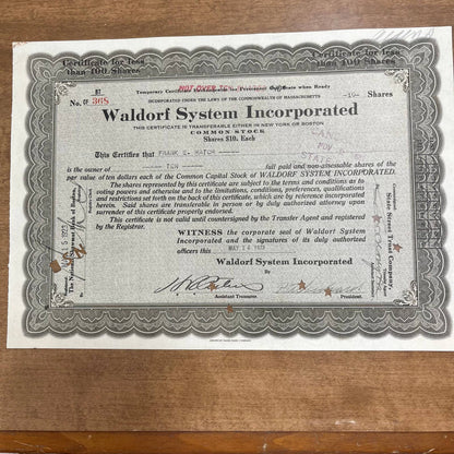 Antique 1923 Stock Certificate Waldorf System Incorporated New York Boston B5