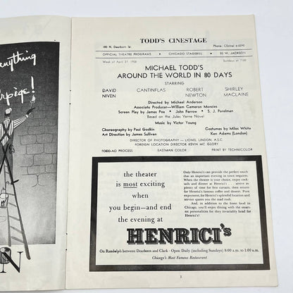 1958 Stagebill Todd’s Cinestage Around the World in 80 Days Chicago IL AB3
