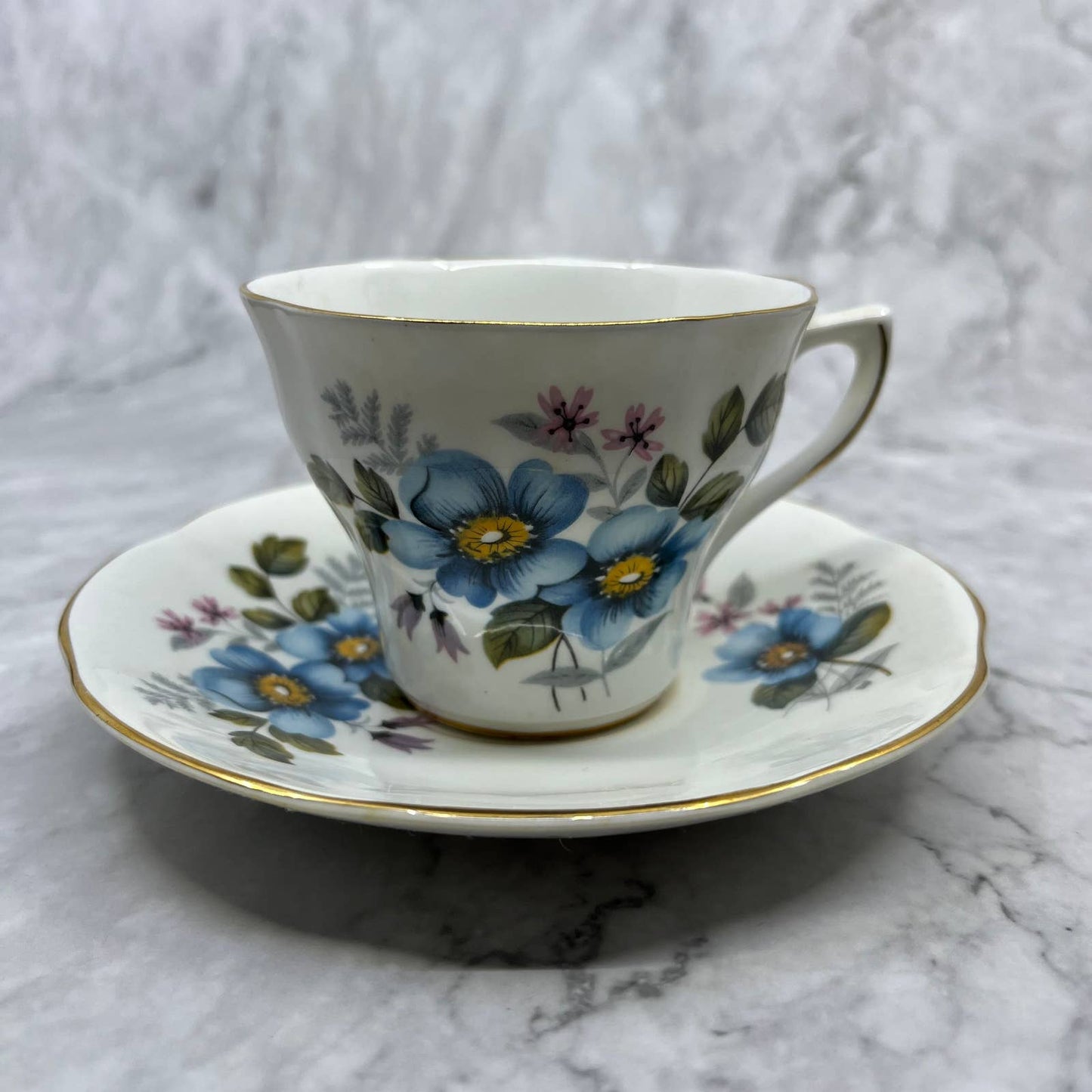 Vintage Royal Dover Bone China Cup & Saucer Blue Flowers, Made in England TA7