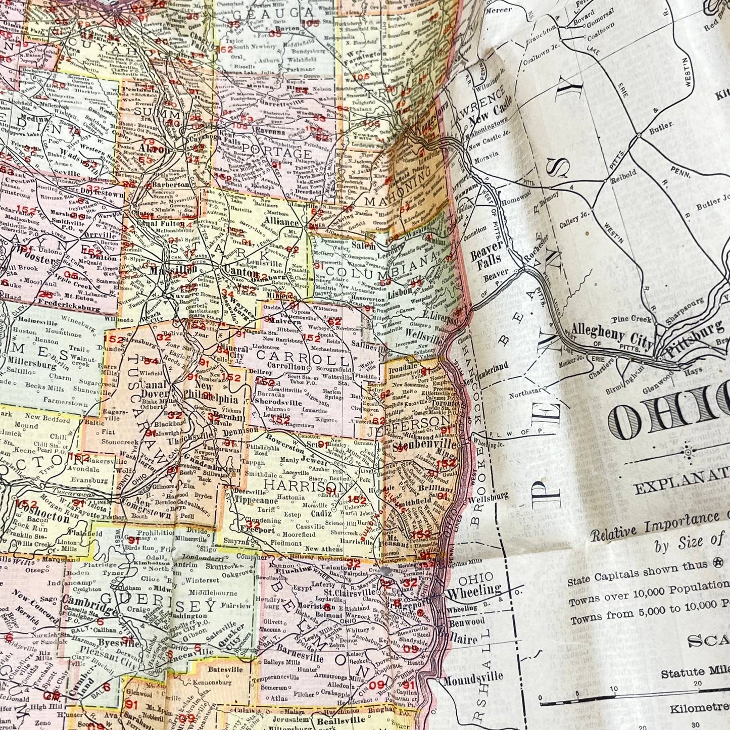 1902 Rand-Mcnally Vest Pocket Map Of OHIO All Cities Tinted Engraving SD3