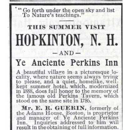 Hopkinton NH Ye Anciente Perkins Inn E.R. Guerin- 1903 Original Ad TJ7-S9