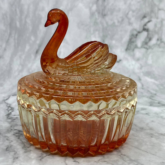 1950s Jeanette Pink Ombre Glass Swan Covered Powder Jar Dish TD6
