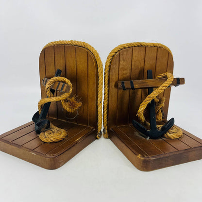 Vintage Rustic Nautical Wood Bookends With Metal Anchor And Rope Maritime TC4