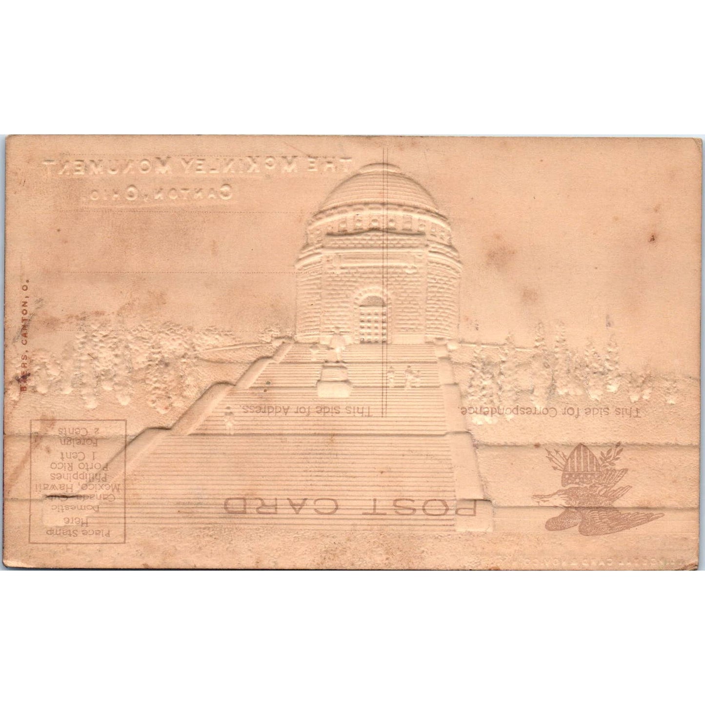 Antique Postcard Airbrushed, Embossed - The McKinley Monument Canton Ohio TD9