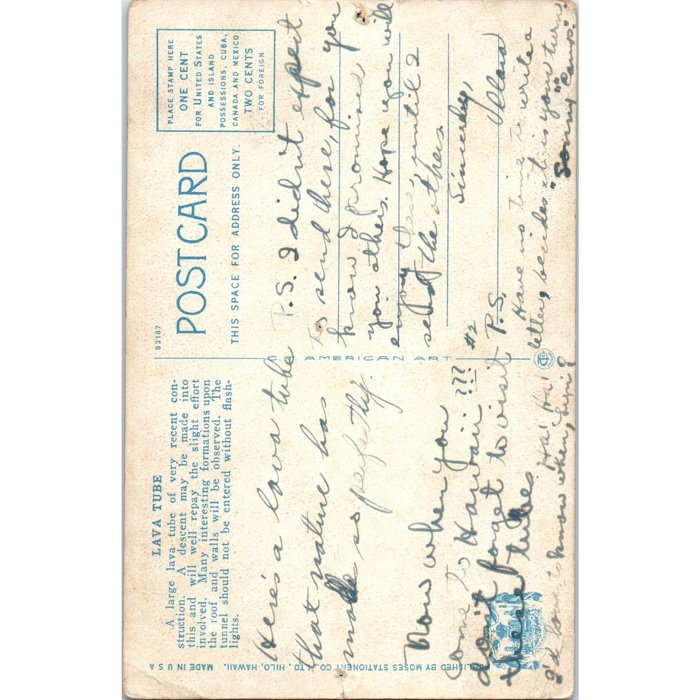 Lava Tube in Hawaii - Original Postcard P3-5