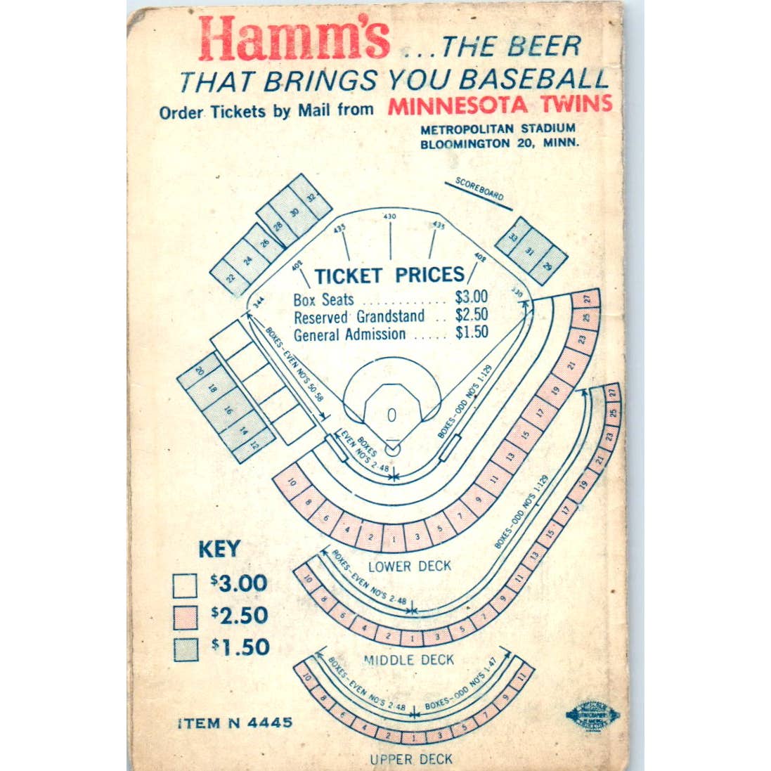 1965 Minnesota Twins Baseball Bear Hamms Pocket TV Schedule TK1-P3