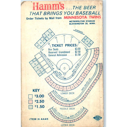 1965 Minnesota Twins Baseball Bear Hamms Pocket TV Schedule TK1-P3