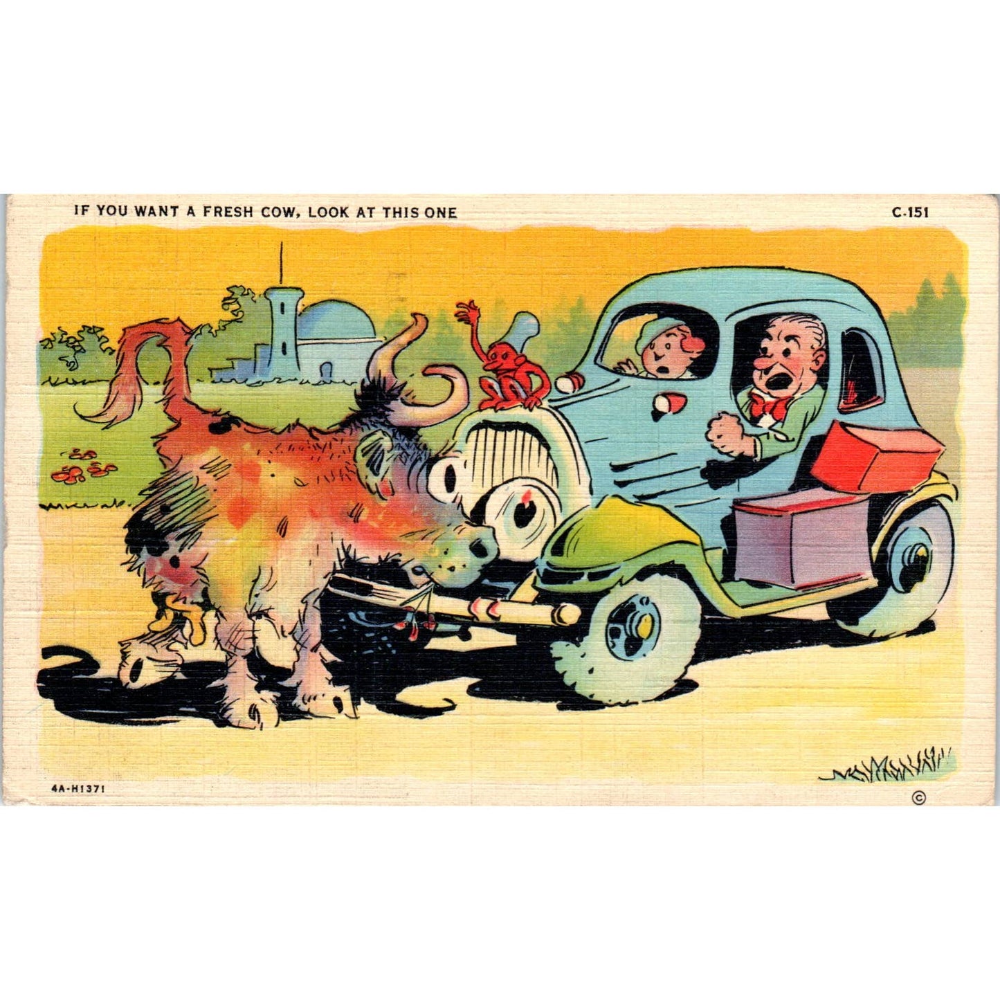 Fresh Cow Humor Cartoon 1944 Original Postcard TK1-20