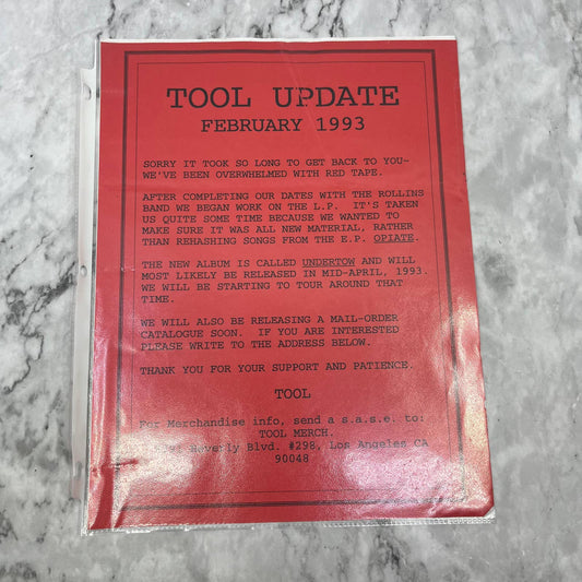 1993 Tool Rock Band Fan Club Update Flyer and Order Form Pre-Undertow FL5