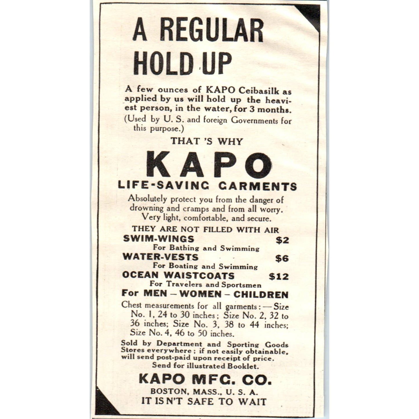 c1920 Harper's Magazine Ad - KAPO Life Saving Garments Water-Vests Boston EA3