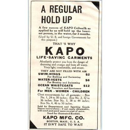 c1920 Harper's Magazine Ad - KAPO Life Saving Garments Water-Vests Boston EA3