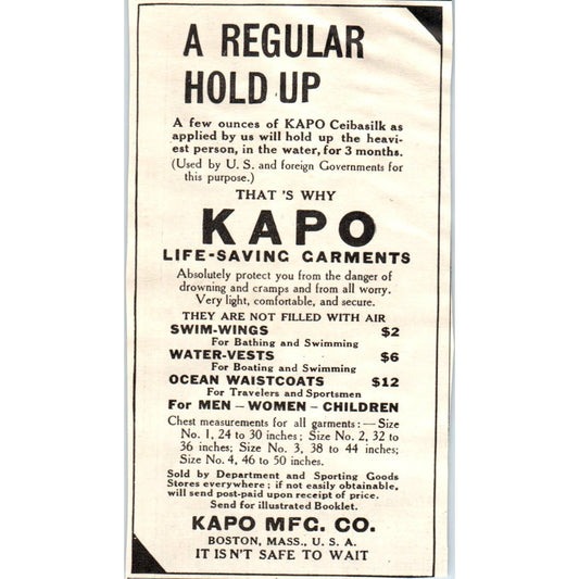 c1920 Harper's Magazine Ad - KAPO Life Saving Garments Water-Vests Boston EA3