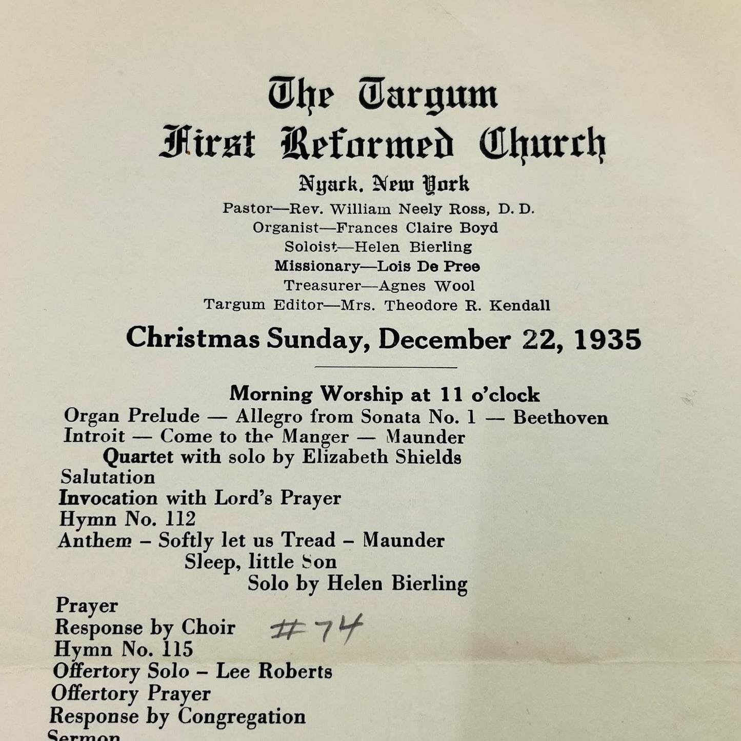 1935 The Targum First Reform Church Nyack NY Christmas Program Wm Neely Ross D5