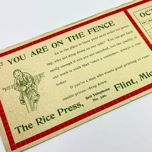 1910s Blotter Card The Rice Press On the Fence Oct Calendar Flint MI SC8