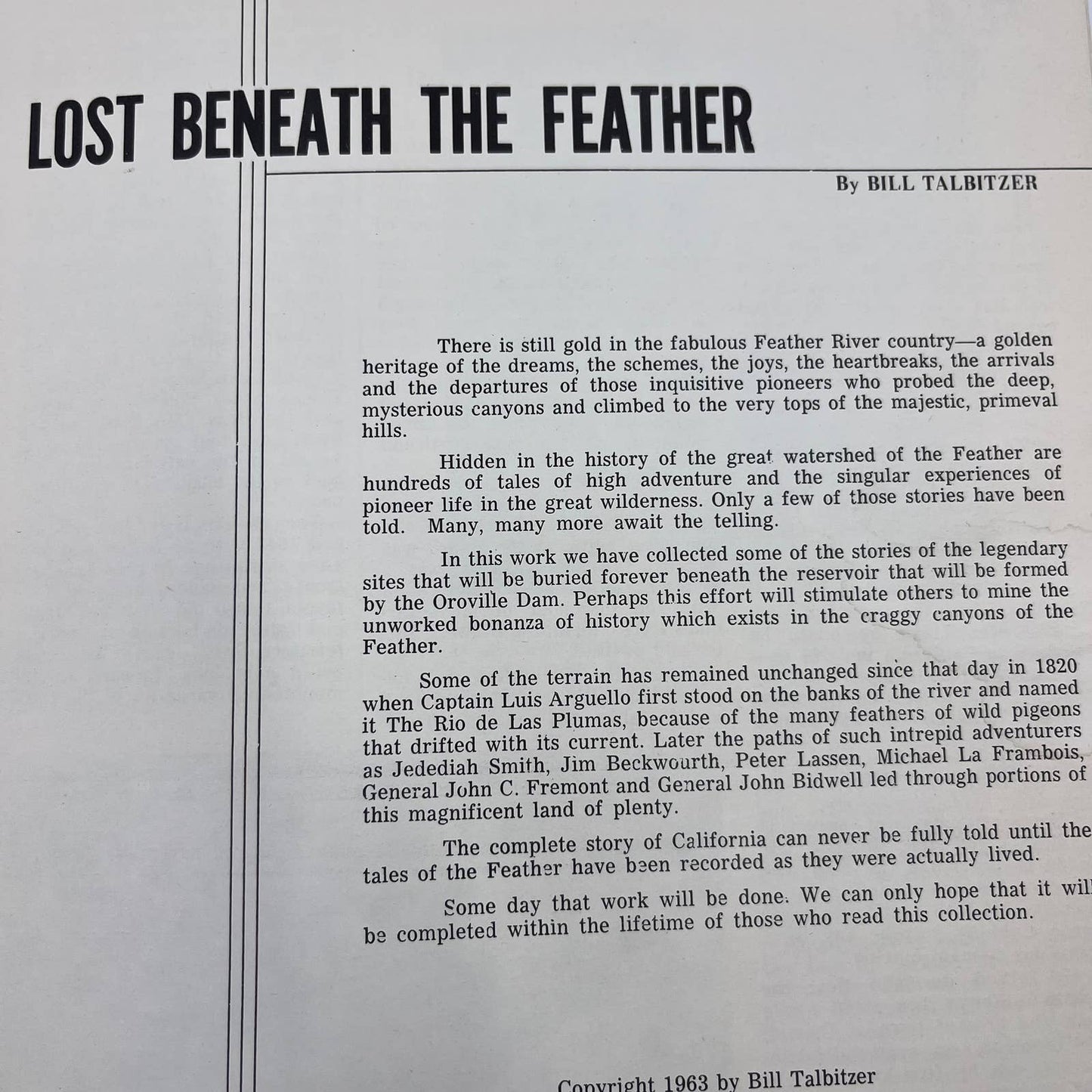 Lost Beneath The Feather River Bill Talbitzer 1963 Gold Mining California CA TH8