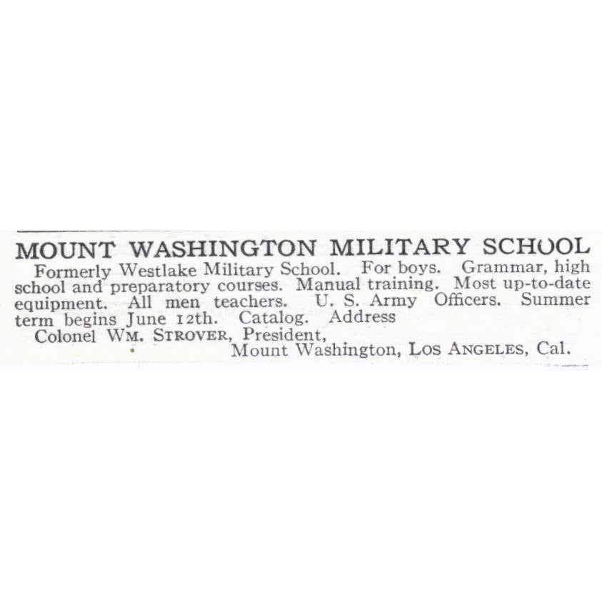 Mount Washington Military School Col. Wm. Strover Los Angeles CA 1921 Ad TJ7-S6