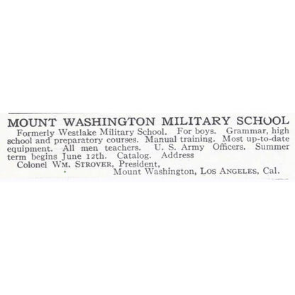 Mount Washington Military School Col. Wm. Strover Los Angeles CA 1921 Ad TJ7-S6