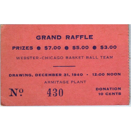 1940s Grand Raffle Ticket Webster-Chicago Basketball Team Armitage Plant SE5