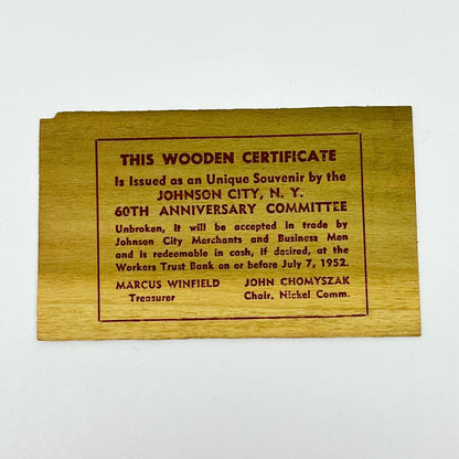 1936 Triple Cities Industrial Exposition Wooden Nickel Card Johnson City NY SC6