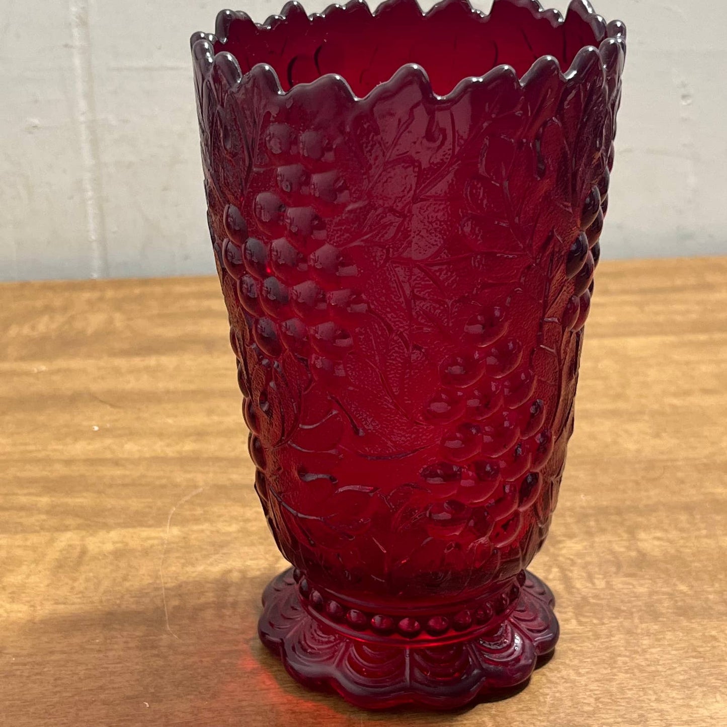 Vintage IMPERIAL GLASS Ruby Red Pressed Glass Harvest Grape Footed Vase 6” TB2
