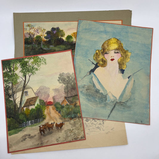 1920s Lot of 3 Original Art Paintings and One Sketch by Clara Nass FL5