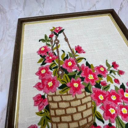 1970s Embroidery Crewel Wall Art Basket Of Pink Flowers Peonies 14.5x11.75"