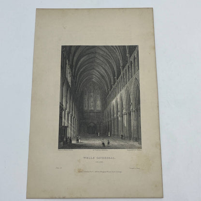 1836 Original Art Engraving Wells Cathedral View of the Nave AC6