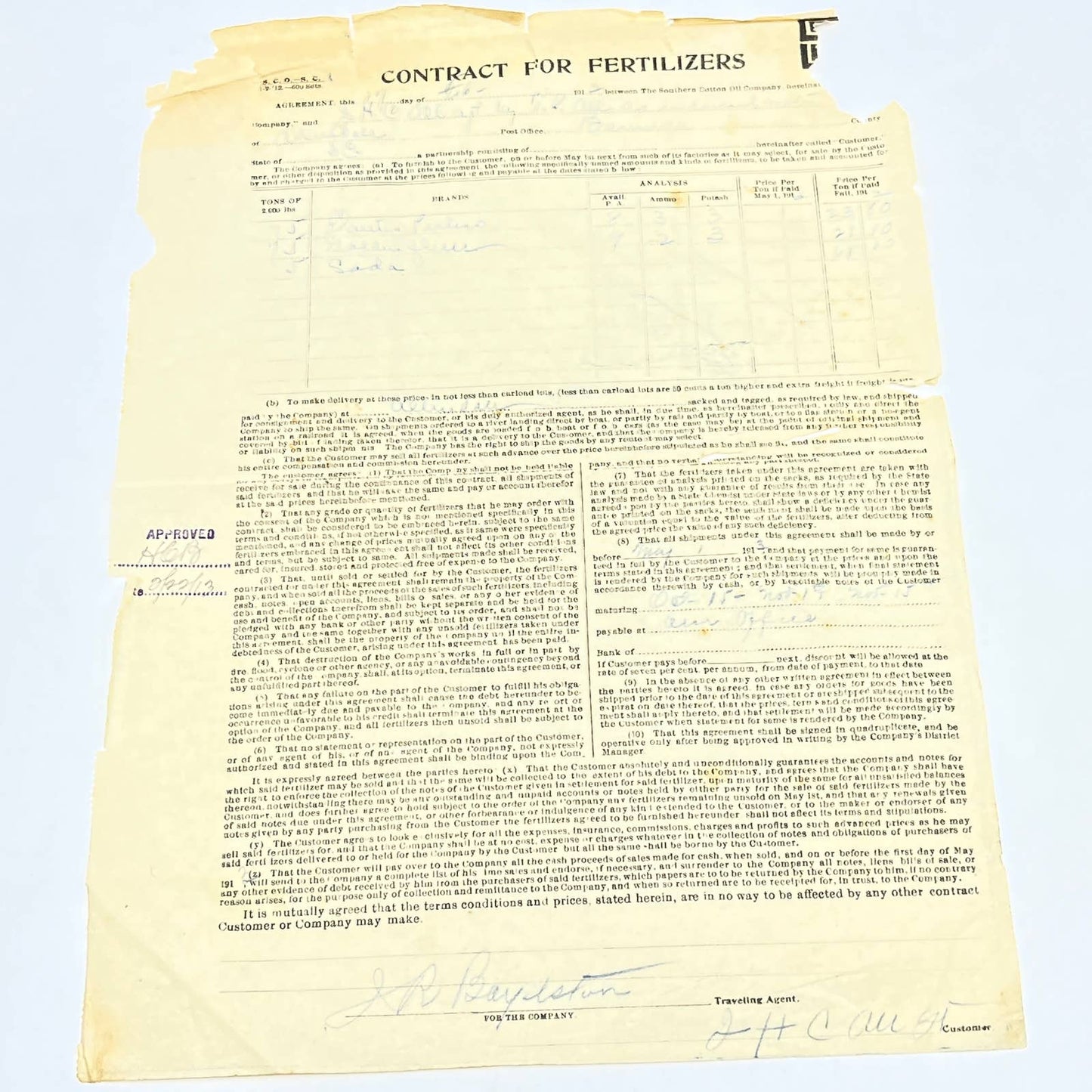 1913 Southern Cotton Oil Company Contract for Fertilizers Allendale SC AB9