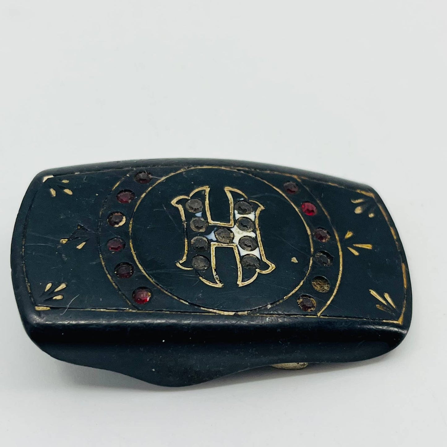 Vintage Bakelite Rhinestone Monogrammed “H” Belt Buckle 2” SB3