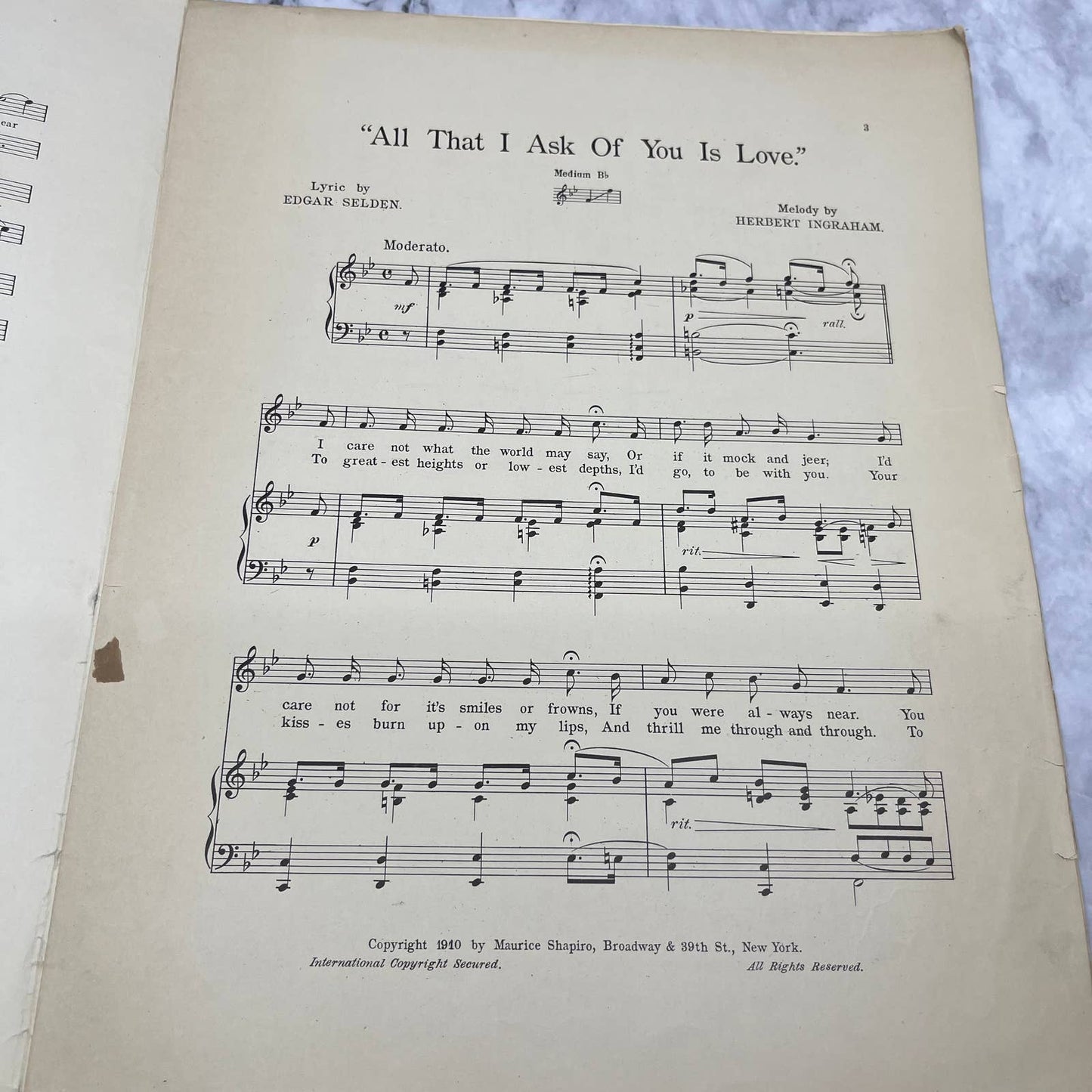 "All That I Ask of You Is Love" by Selden & Ingraham 1910 Sheet Music, Albro TJ4