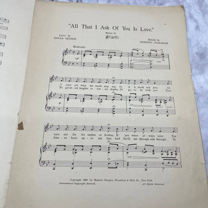 "All That I Ask of You Is Love" by Selden & Ingraham 1910 Sheet Music, Albro TJ4