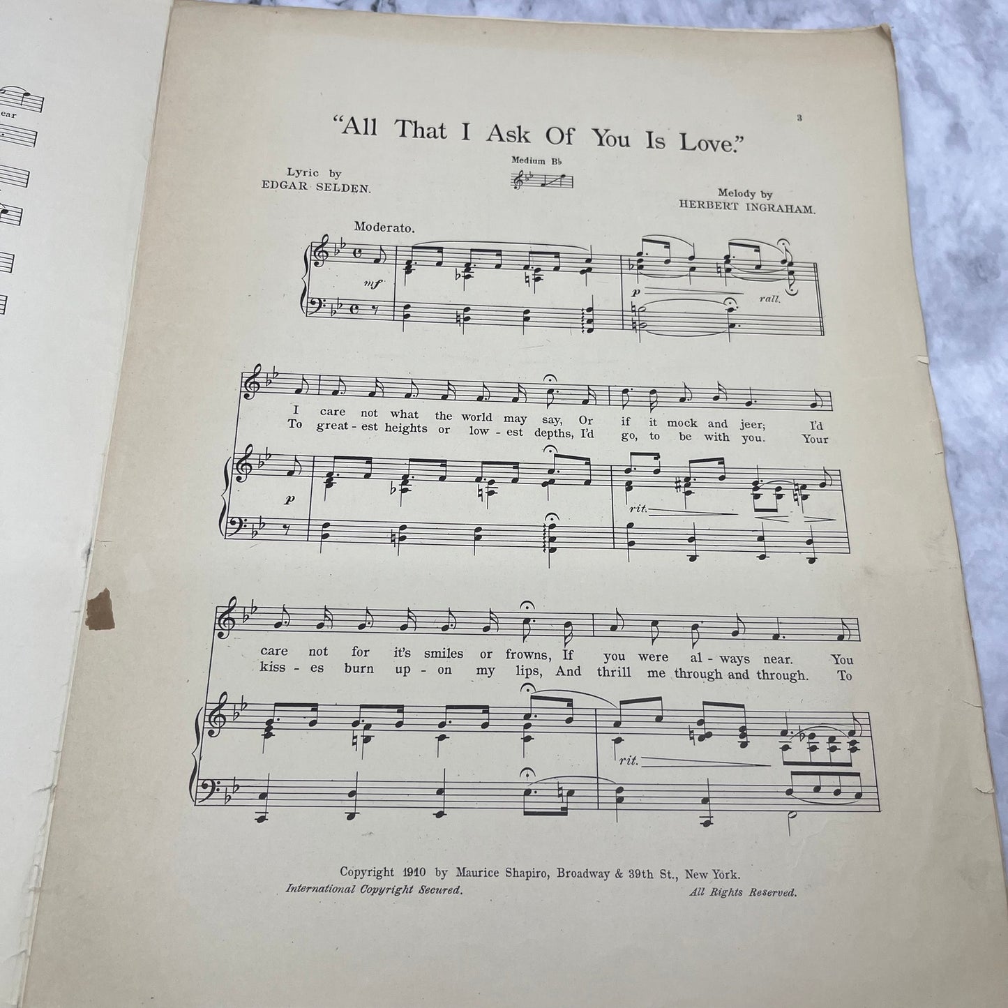 "All That I Ask of You Is Love" by Selden & Ingraham 1910 Sheet Music, Albro V41-2