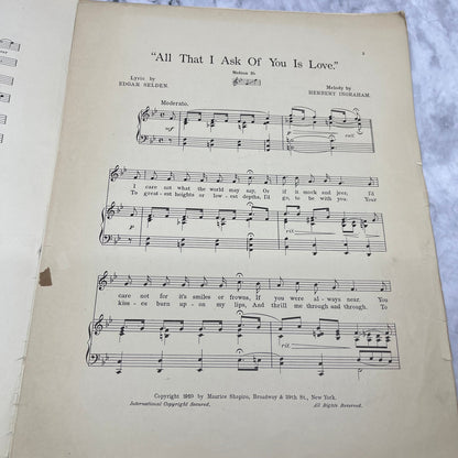 "All That I Ask of You Is Love" by Selden & Ingraham 1910 Sheet Music, Albro V41-2