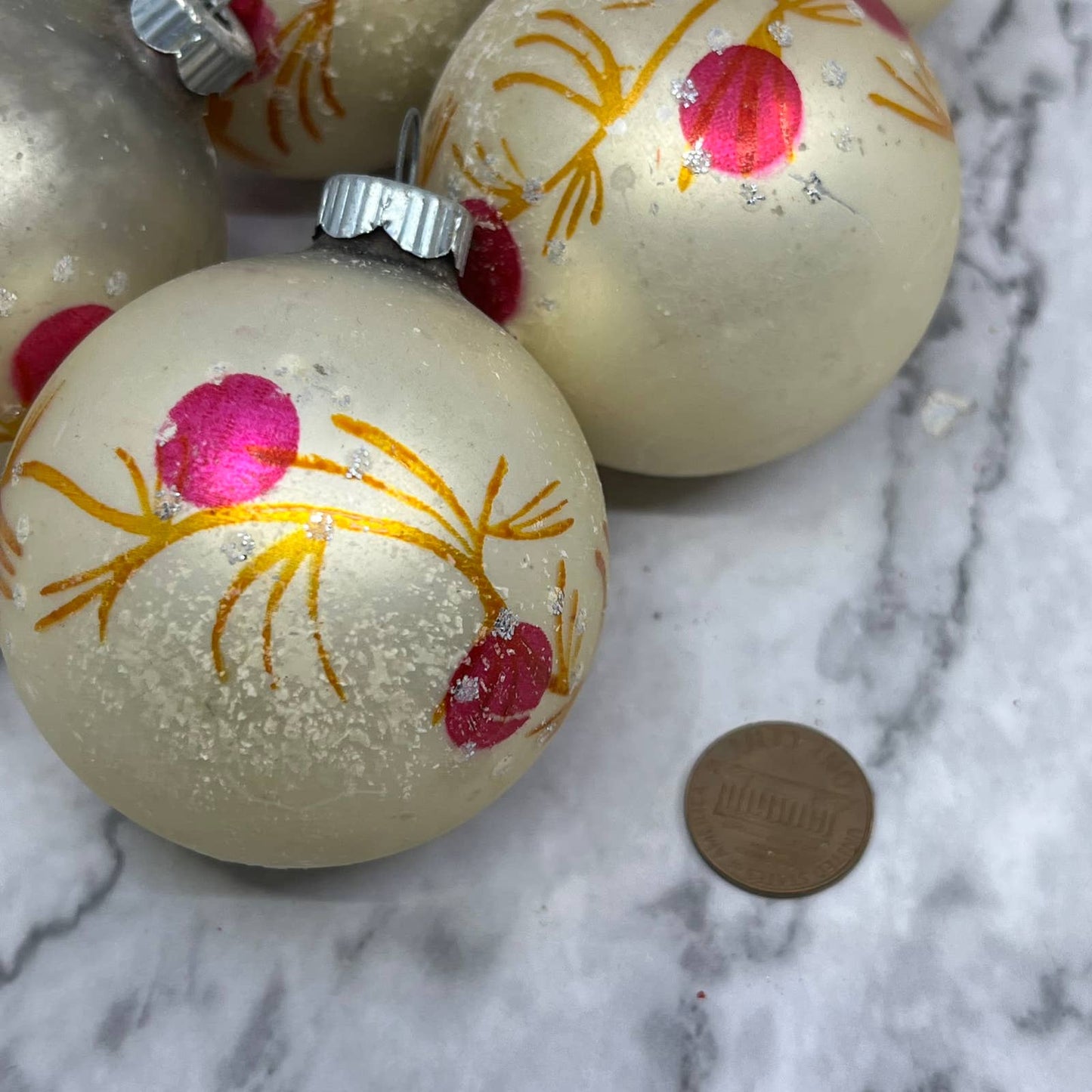Vintage Lot of 5 Shiny Brite Mercury Glass Ornament Pink Orange Mica Stencil TJ9