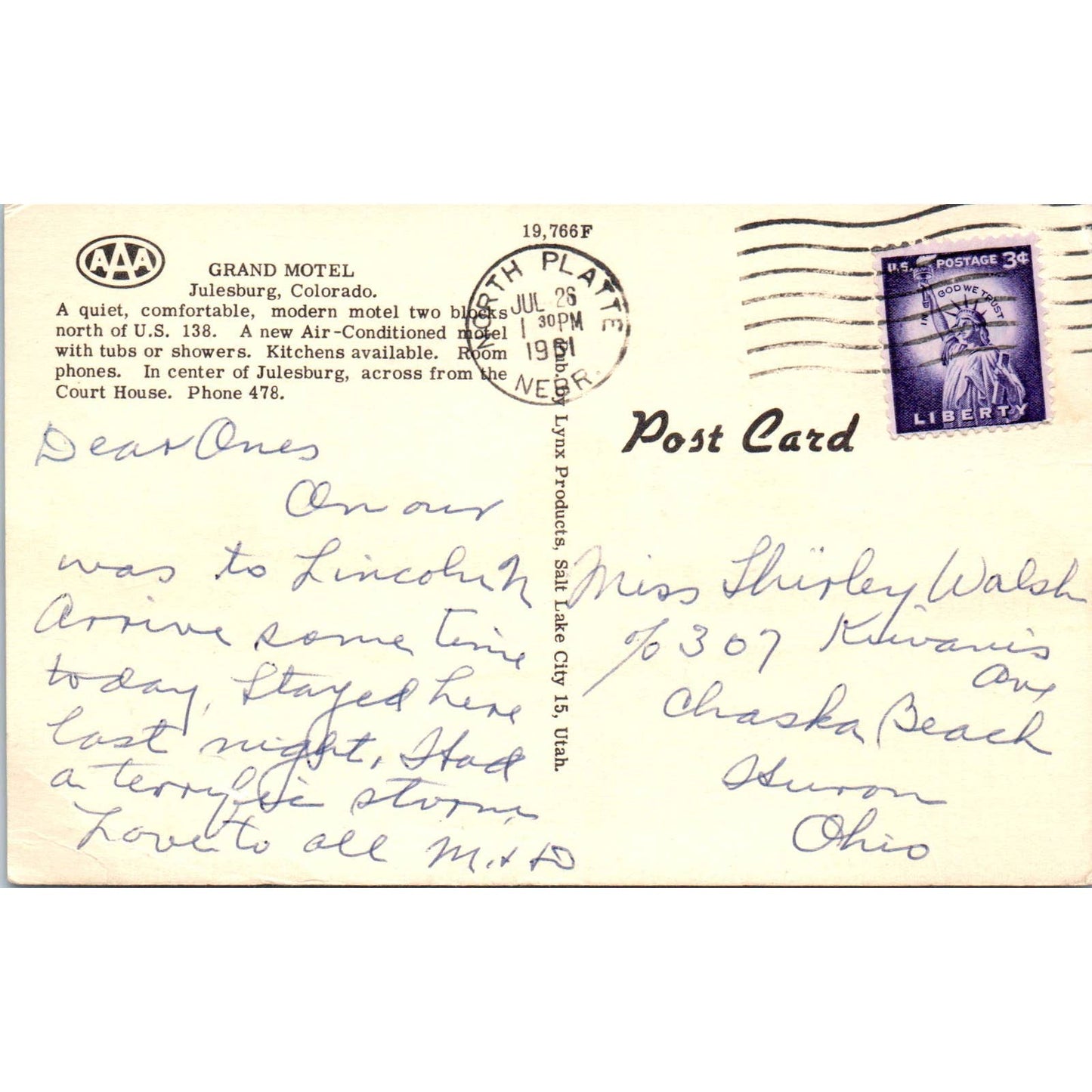 Grand Motel Julesburg Colorado 1961 - Original Postcard TJ7-RP2