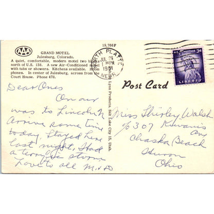 Grand Motel Julesburg Colorado 1961 - Original Postcard TJ7-RP2