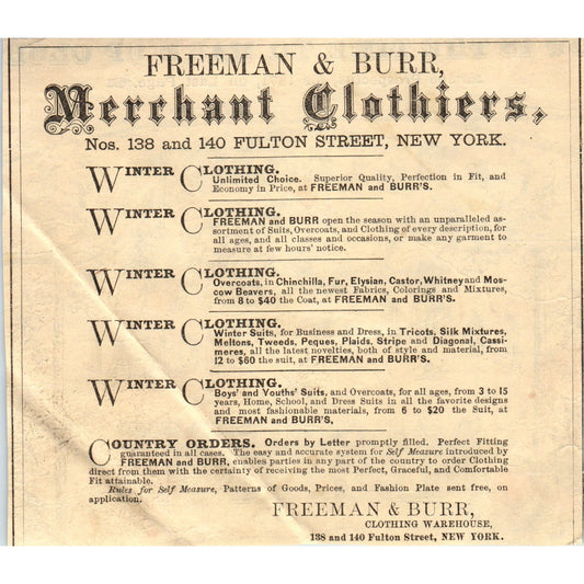 1870s Peterson's Magazine Ad - Freeman & Burr Clothiers Fulton Street NY AK3-6