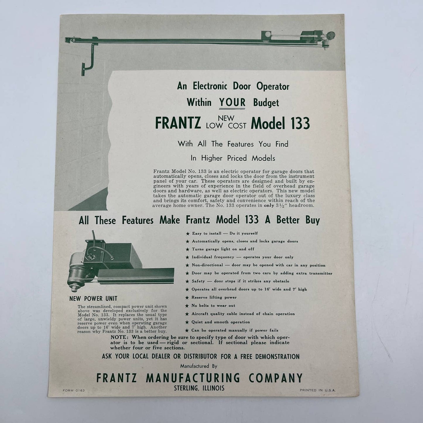 1950s Frantz Mfg Co Electric Garage Door Operator 133 Advertising Leaflet AC8