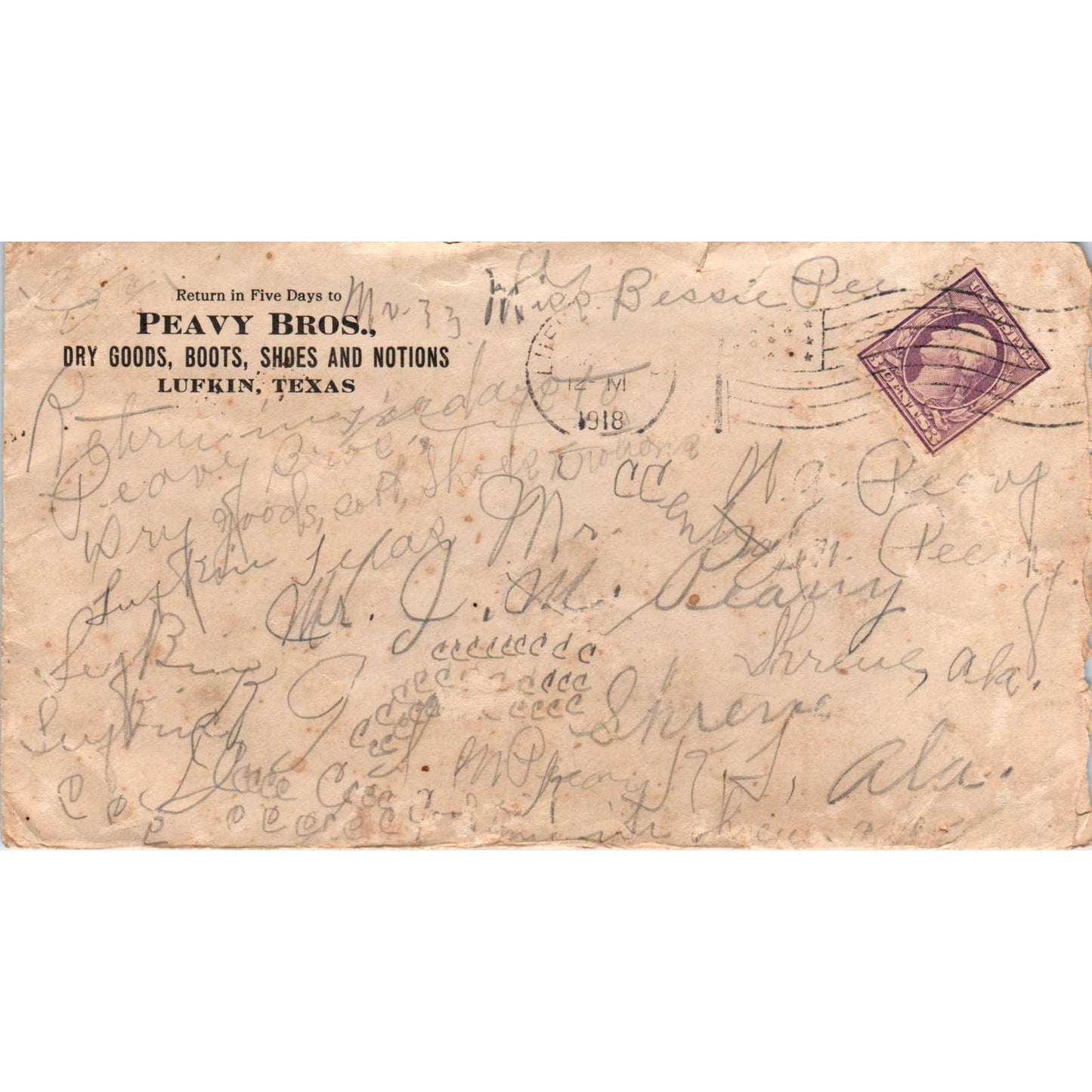 1916 Letter and Envelope W.M. Peavy Lufkin TX to J.M. Peavy Shreve AL AD6