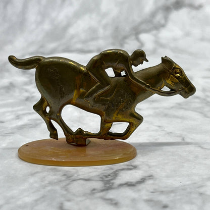 Vintage Brass Racehorse and Jockey on Celluloid Base 3” SE7