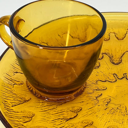 VTG Indiana Glass Golden Honey Amber Sunburst Snack Set 8 Piece Plates Cups TB5