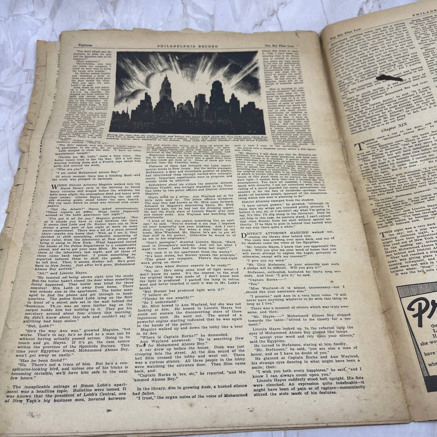1936 The Bat Flies Low Sax Rohmer Philadelphia Inquirer Supplement 11x15” FL3