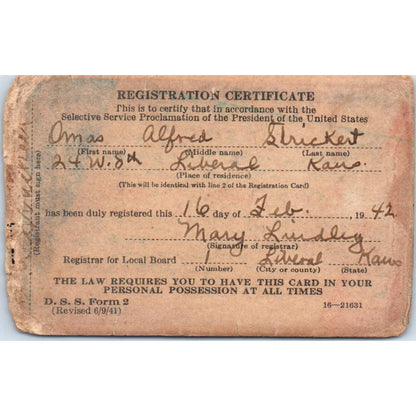 1942 WWII Selective Service Draft Card Liberal KS Omas Alfred Strickert SE4
