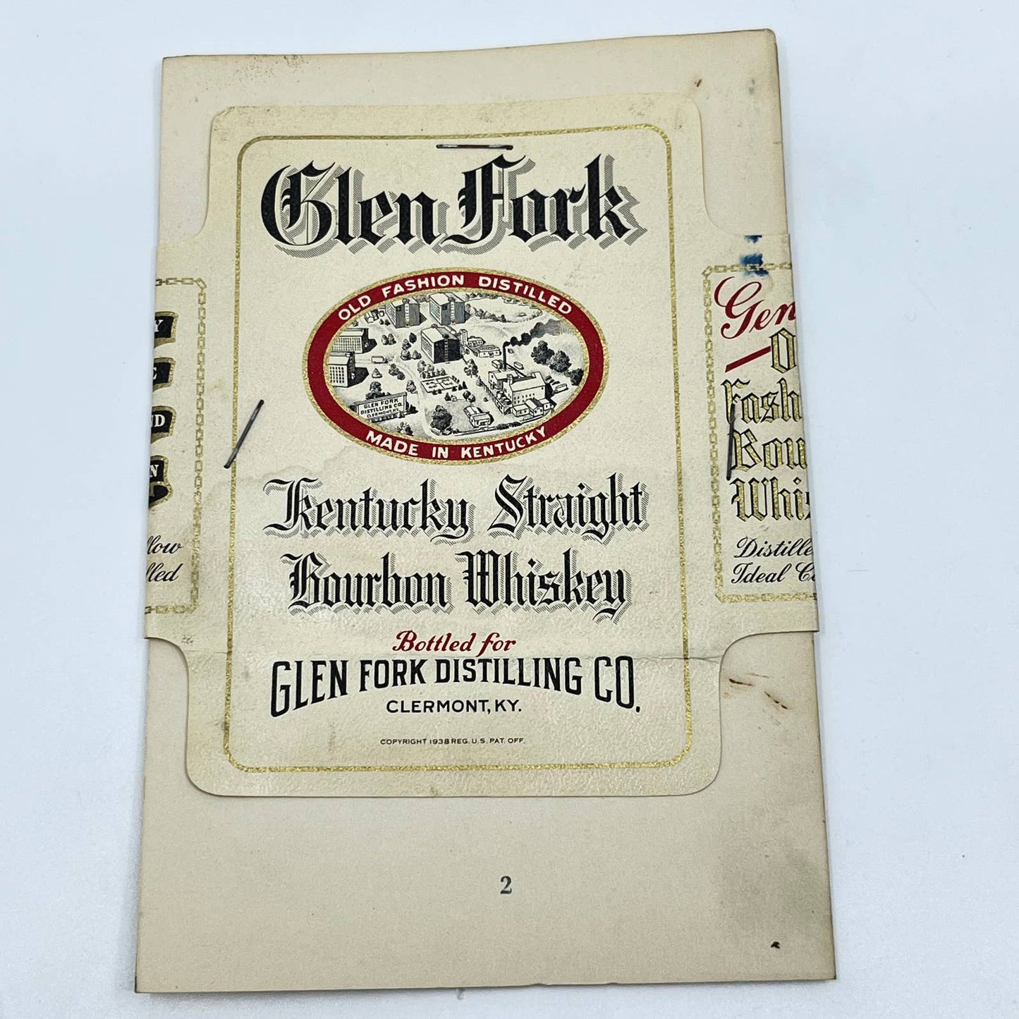 1938 Glen Fork Bourbon Whiskey Label Glen Fork Distilling Co. Clermont KY