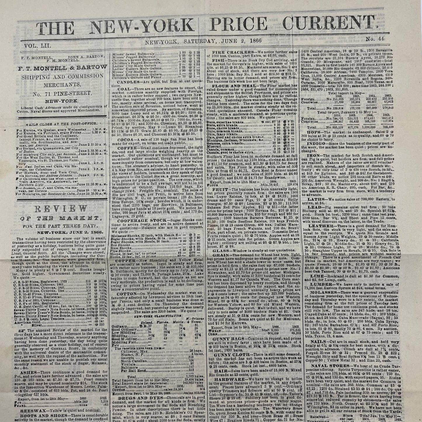 1866 New York Price Current Newspaper Stock Market Review June 2 No. 44 AC2