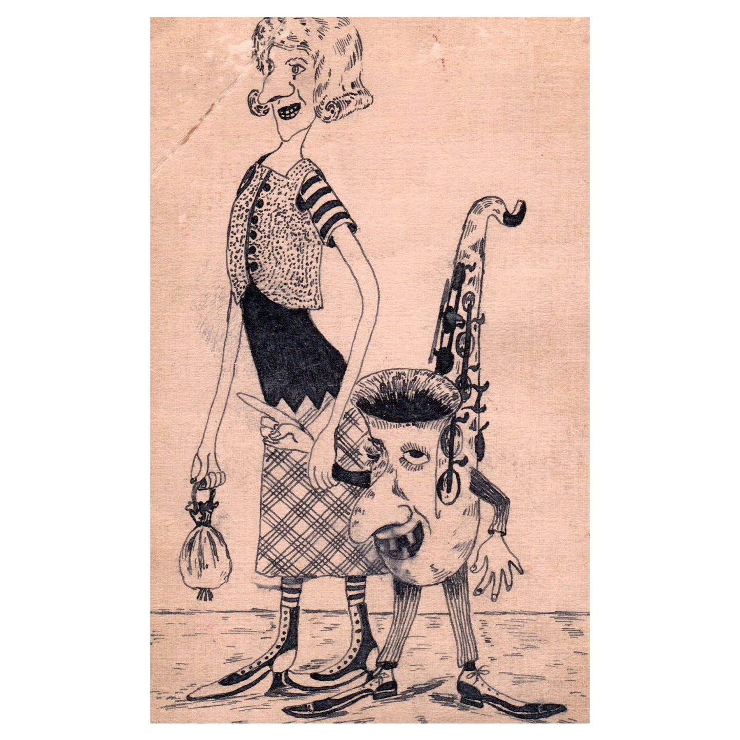 Vintage Original Art Hand Drawn Anthropomorphic Saxophone and Poem Oddity SE4
