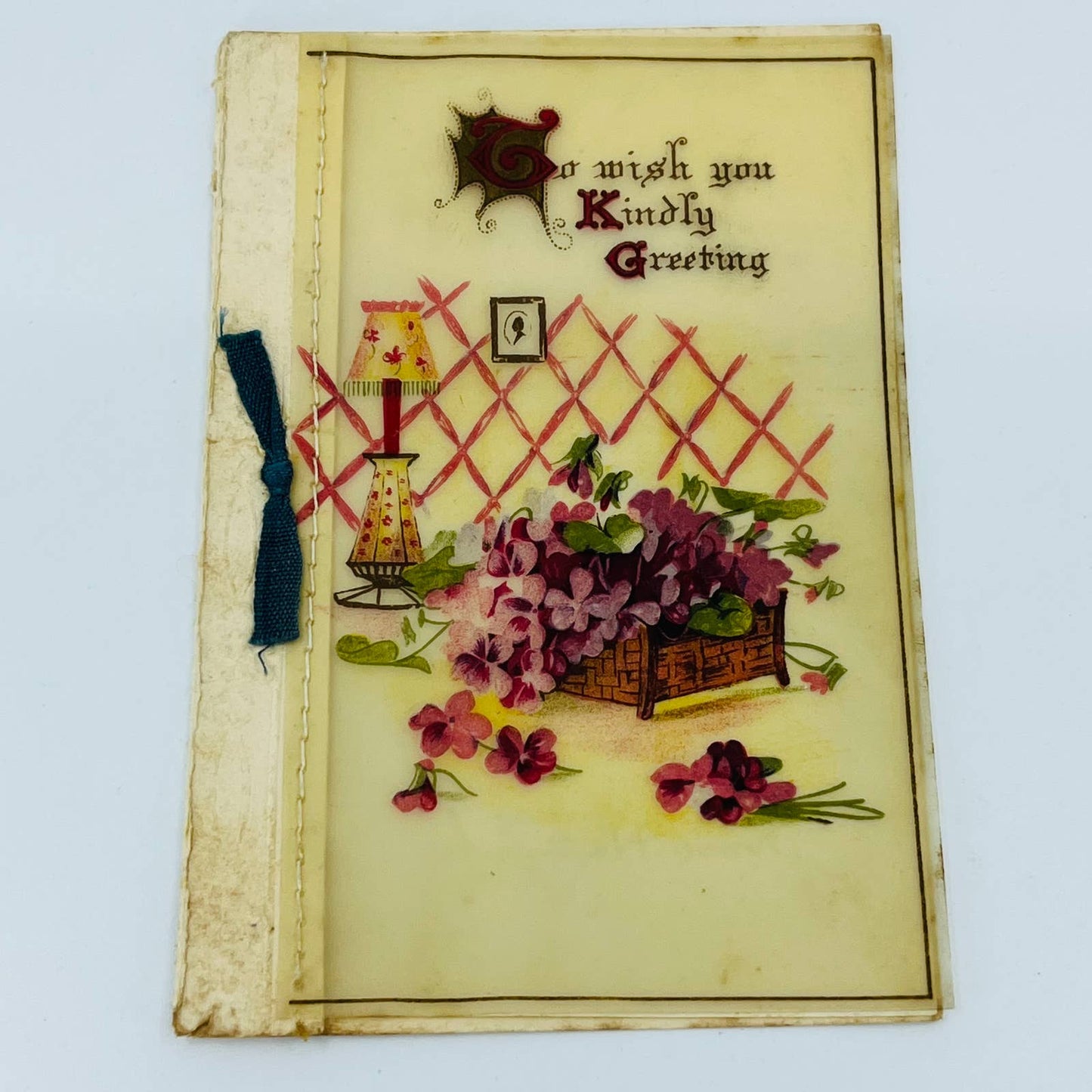 Antique 1910s Folding New Year’s Greeting Card Purple Flowers Bow Victorian C1