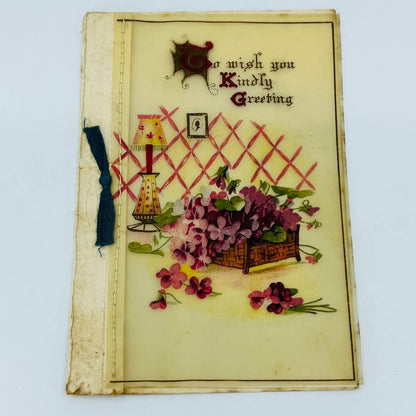 Antique 1910s Folding New Year’s Greeting Card Purple Flowers Bow Victorian C1