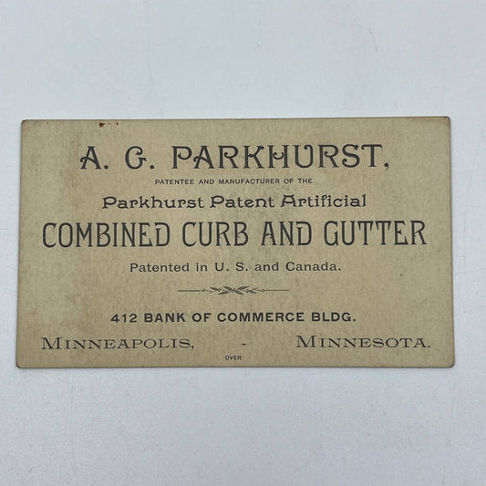 1889 Trade Card A.G. Parkhurst Combined Curb & Gutter Minneapolis MN AC1
